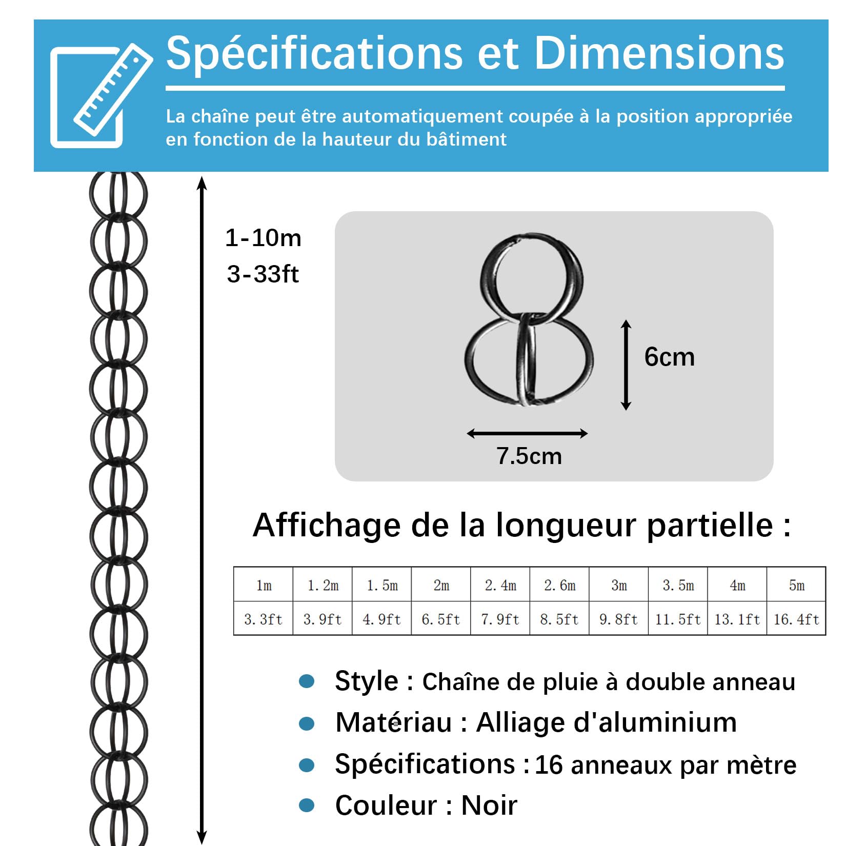 Chaîne de Pluie d'extérieur en Alliage d'aluminium,Chaîne Attrape-Pluie Japonaise pour Déco Extérieure,pour Descentes Pluviales,Balcons,Toits,Auvents,Pelouses 6m