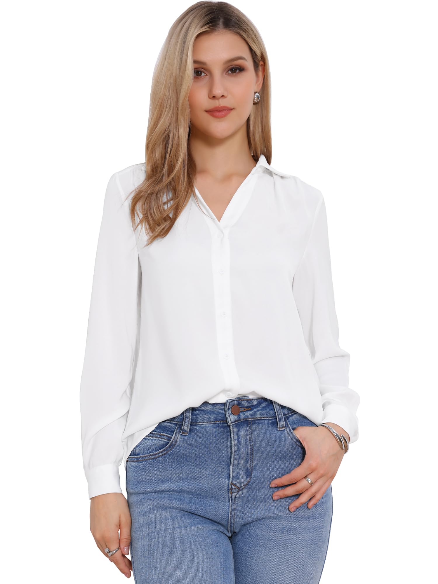 Allegra K Camicia con colletto button down per donna a maniche lunghe 2025 camicetta casual da lavoro