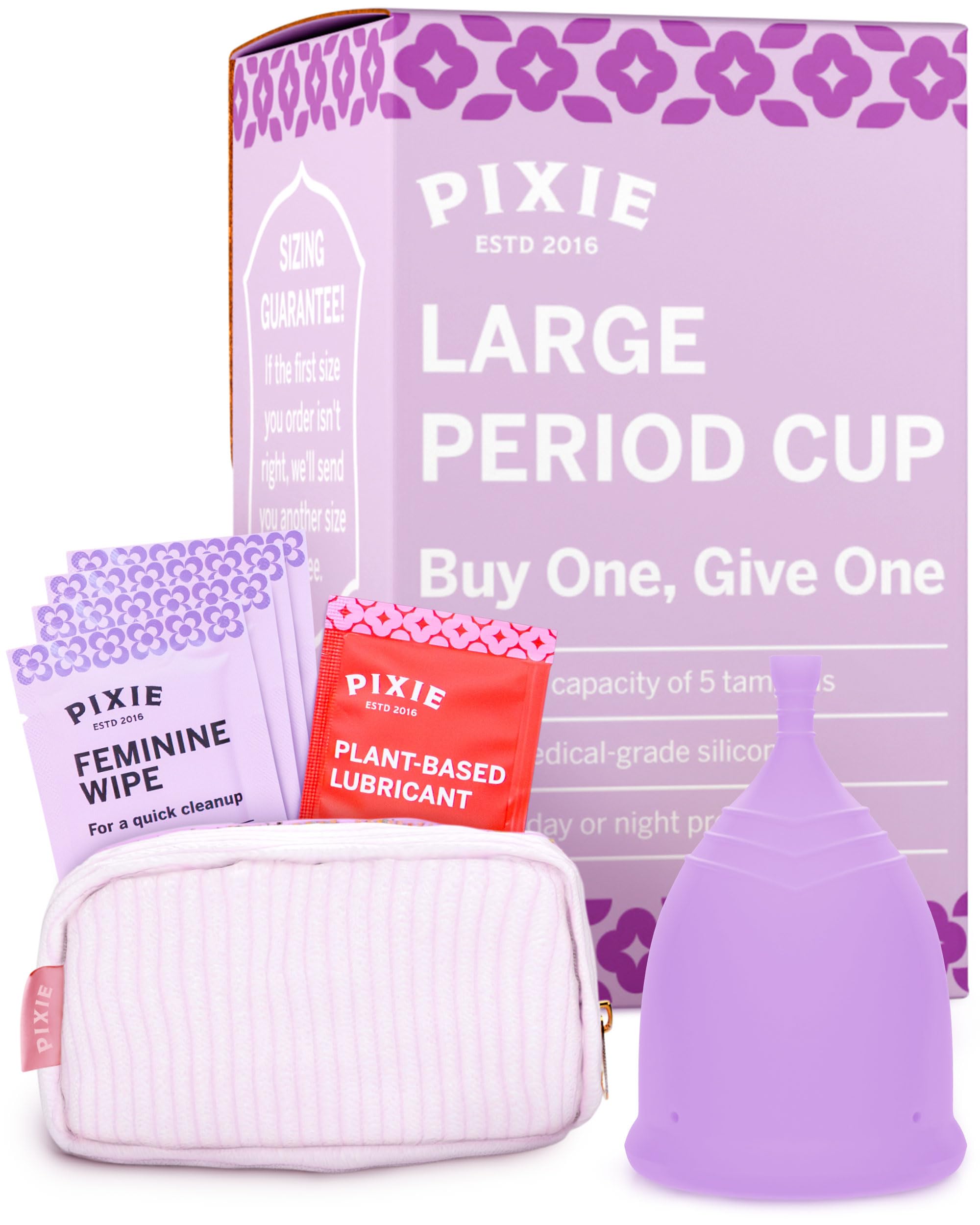 Pixie Menstrual Cup for Feminine Care - Ranked 1 for The Softest Reusable Period Cup - Wear 12 Hours - 100% Medical-Grade Silicone - Tampon Alternative (Purple, Large)