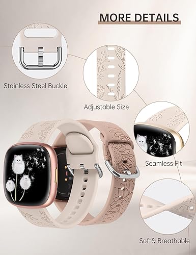 Miniatura 4 de Minyee Paquete de 2 correas grabadas florales compatibles con Fitbit Versa 4Versa 3Sense 2Sense Band para mujer, lindo diseño de girasol de diente