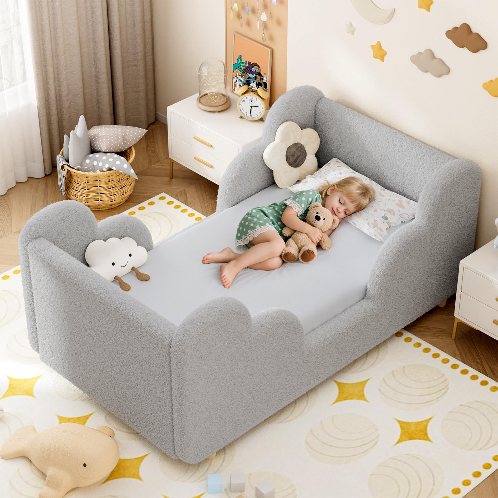 Toddler Bed, 140x70cm Soft Padded Kids Bed with Cloud-Shaped Safety Guardrails, Low Bed Frame for Girls Boys Children, Cot to Bed Transition (Mattress NOT Included) — view 13