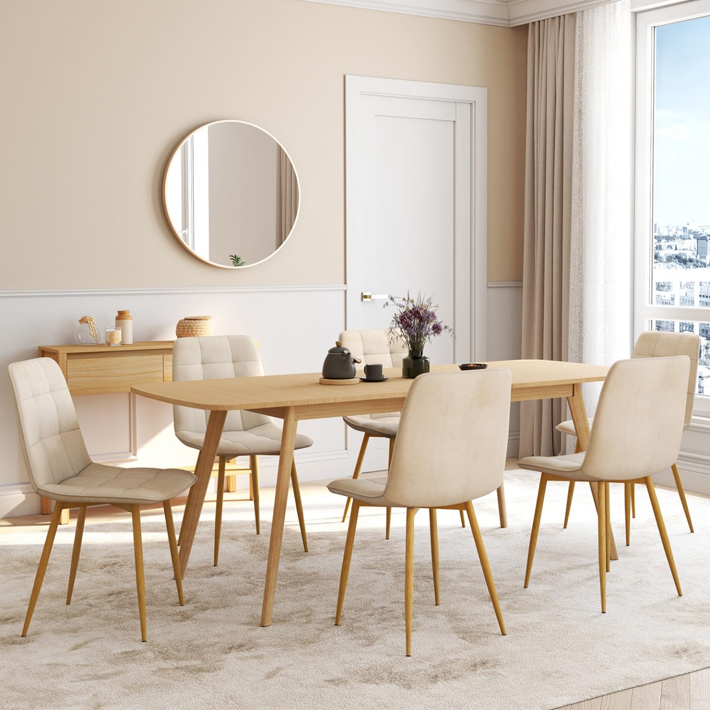 IDMarket – Juego de 6 sillas Mila de terciopelo beige y patas efecto madera para comedor