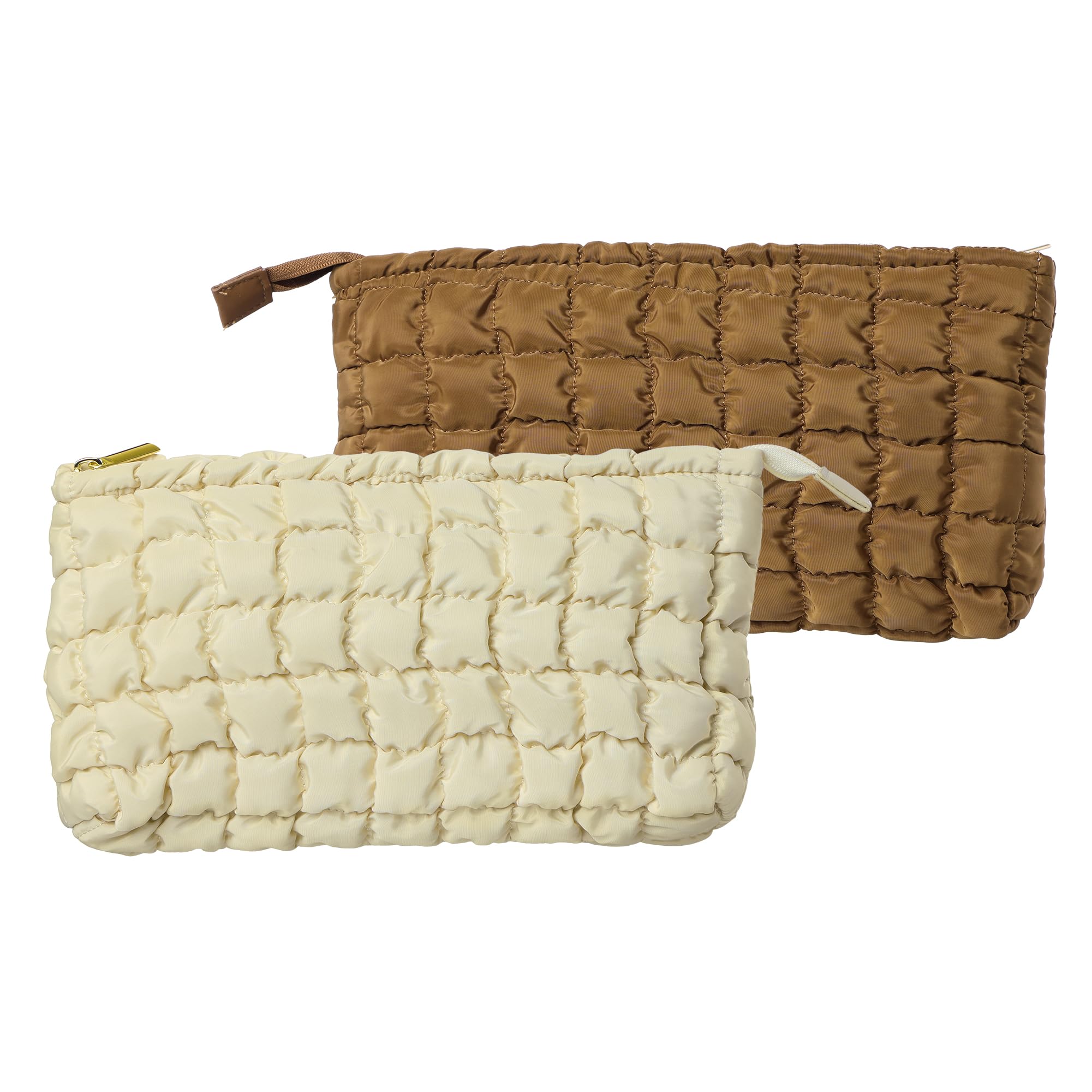 Large Puffy Makeup Bag, Set of 2 - Coquette Quilted Pouch Design - Preppy Clean Girl Aesthetic - Lightweight Cosmetic Bags - Make up, Skincare & Toiletries - Brown & Beige