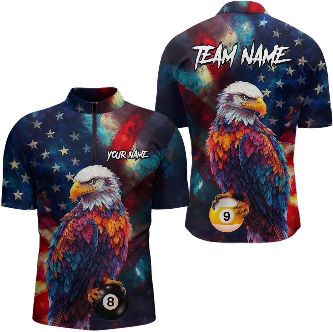 Custom Colorful Eagle 8 Ball & 9 Ball Billiard Shirt for Men Women, Patriotic US Flag Pool Team Jersey