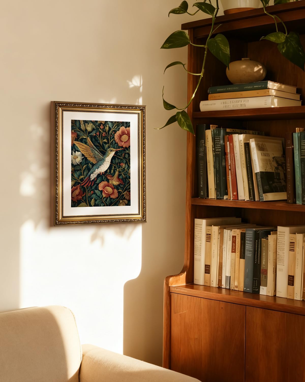 InSimSea Gold Picture Framed Wall Art, Living Room Vintage Moody Hummingbird Wall Decor, William Morris Botanical Canvas Print Art, Home Farmhouse Decor, Antique Paintings with Frame 13x16inch
