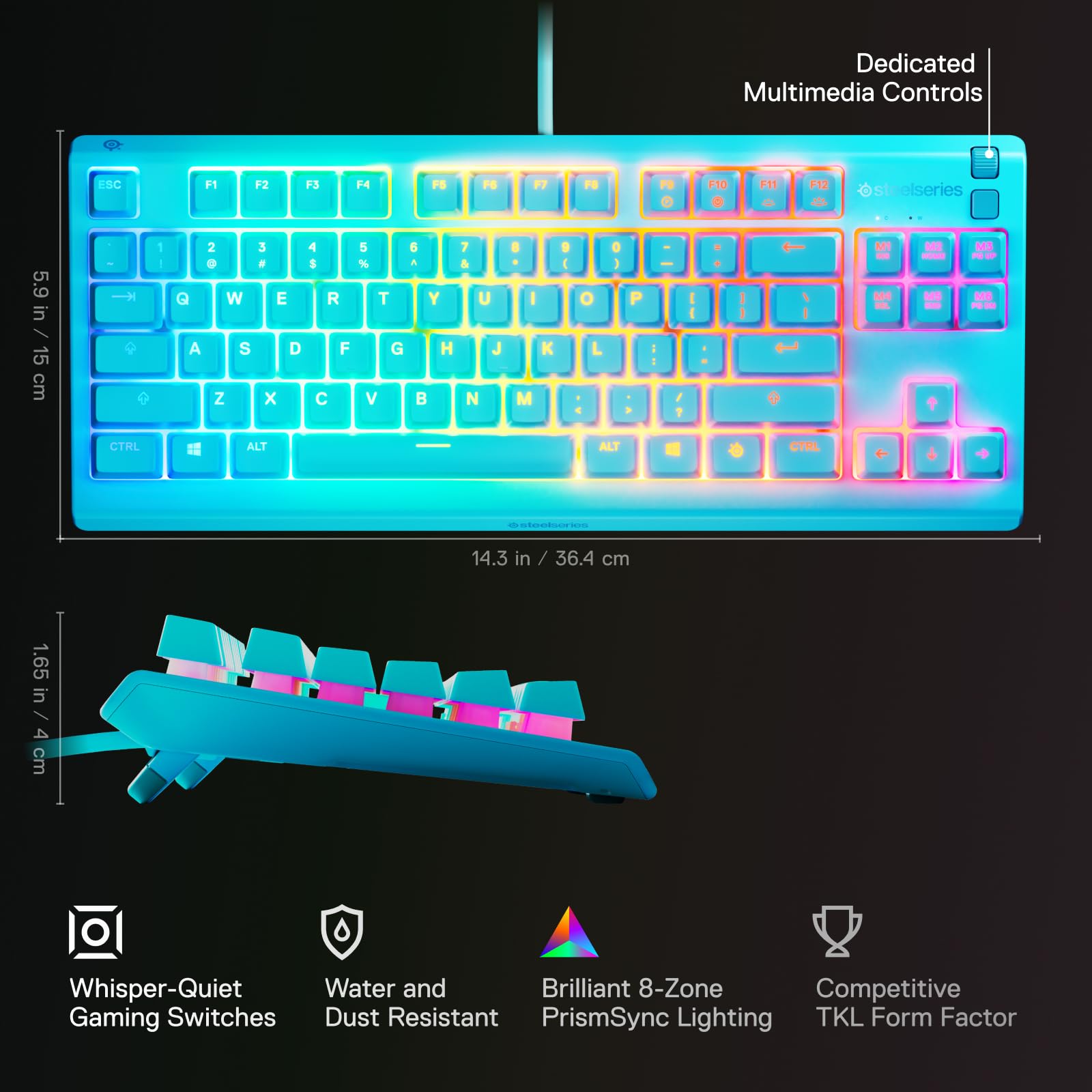 SteelSeries Apex 3 TKL Aqua RGB Gaming Keyboard — Tenkeyless Compact Form Factor — 8-Zone RGB Illumination — Water and Dust Resistant — Whisper-Quiet Gaming Switch view 3