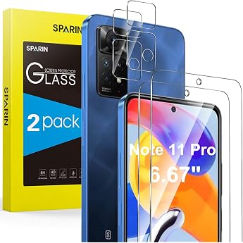 SPARIN Pack of 2 + 2 Screen Protectors for Xiaomi Redmi Note 11 Pro 5G / 4G Tempered Glass Screen Protector and Camera Protection with Camera Protective Film