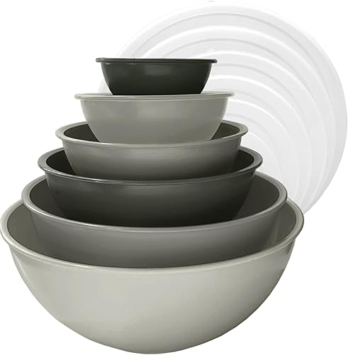 edge Juego de 12 cuencos de plástico para mezclar, 6 cuencos de preparación y 6 tapas, para hornear, cocinar y almacenar, carbón tonal
