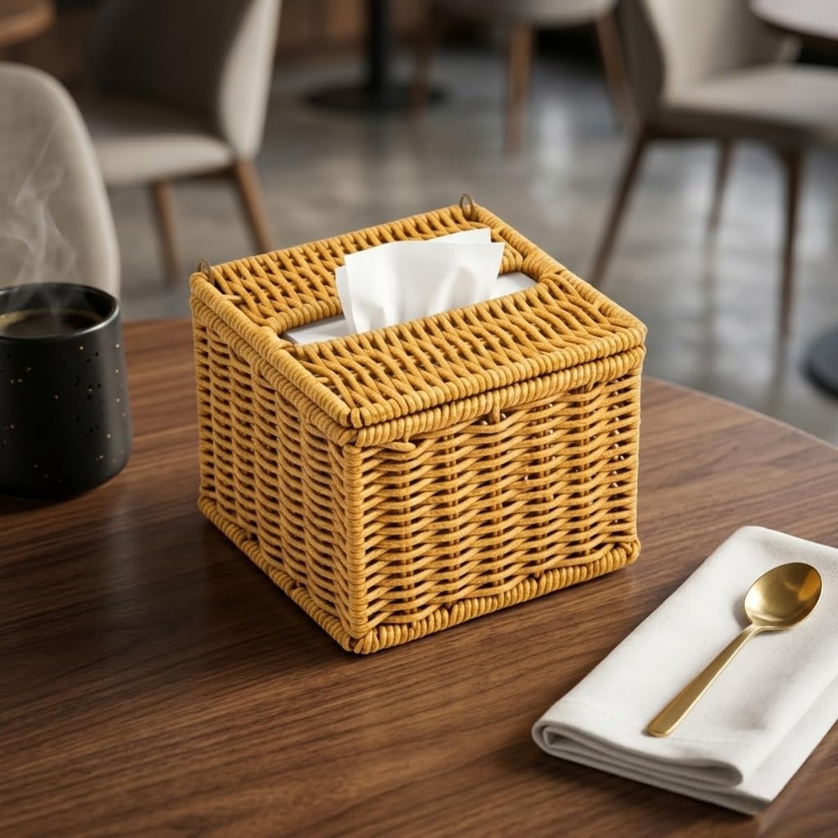 DEİNHAUS Kapaklı Hasır Peçetelik Kutu 13x13x9 cm Doğal Rattan Peçete Saklama Kutusu