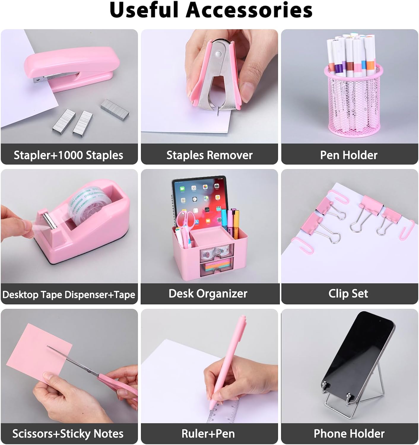 Pink Desk Organizers and Accessories 12+1Pcs, Office Supplies for Desk, Pen Organizer with 2 Drawers with Stapler,1000 Staples, Phone Holder, Tape Dispenser, Pen Holder, Sticky Note, Clips, Ruler,Etc - Image 4