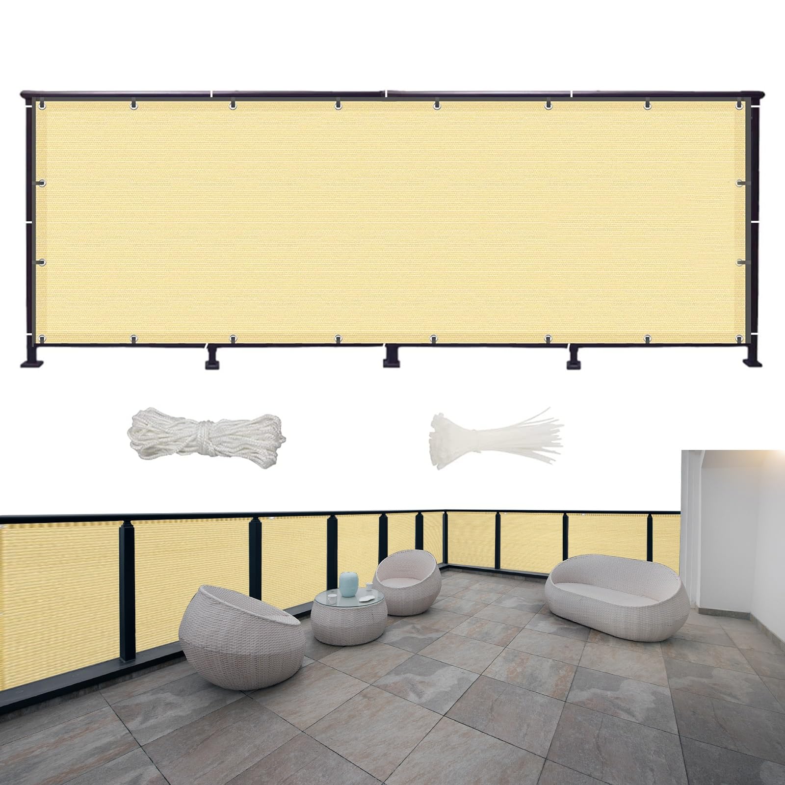 GJZQDKX Custom Balcony Canopy 250x185 cm Opaque UV & Wind Protection with Cable Ties Garden Balcony Shade Sand Yellow Outdoor Decor