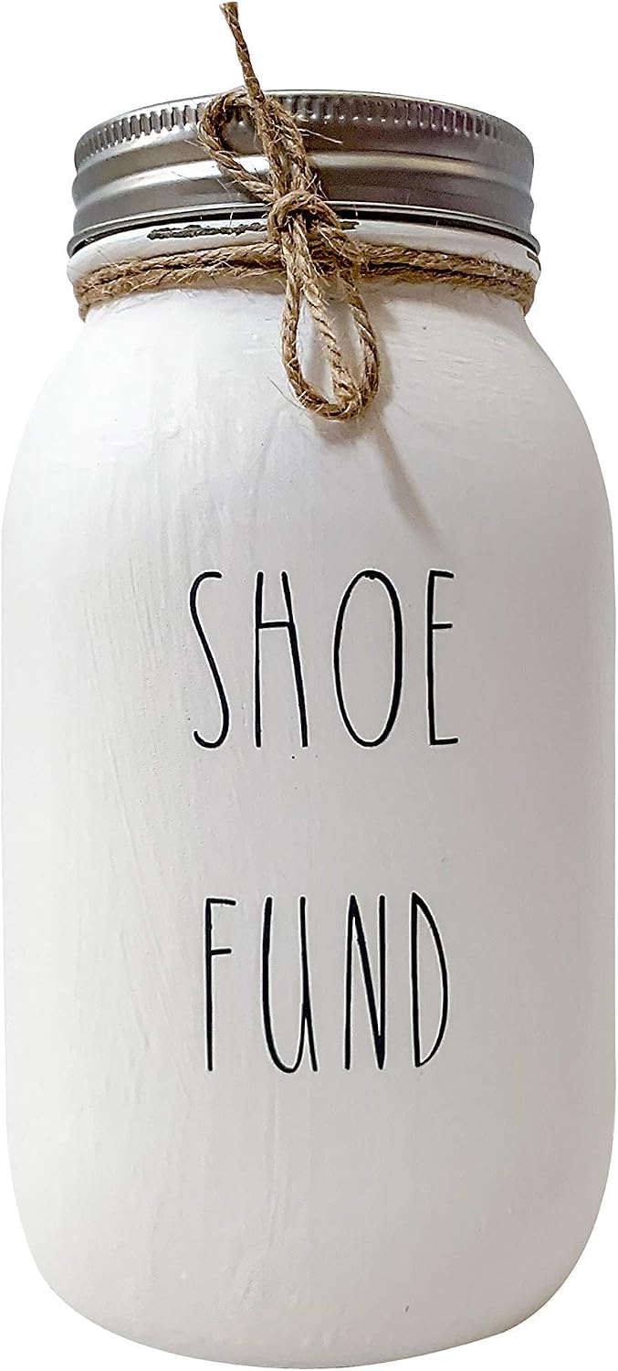 Shoe Fund, White, Hand Painted and Distressed, Mason Jar Piggy Bank, 32 oz. Regular Mouth Mason Jar, Shoe Fund, Quart Mason Jar Piggy Bank, Rustic Farmhouse Style