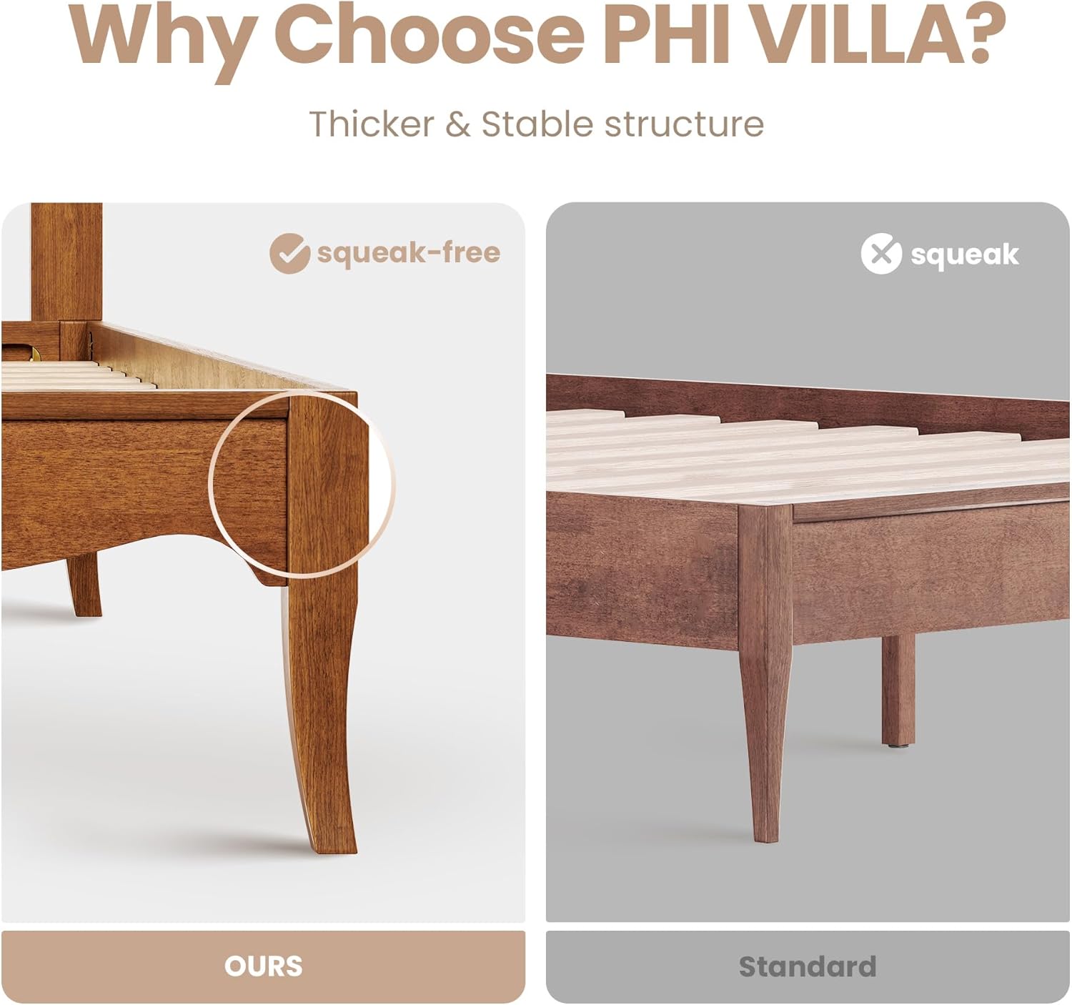 PHI VILLA Rattan Queen Size Bed Frame with Headboard, Natural Solid Wood Bed Frames, Vintage Bedframe, No Box Spring Needed, Brown