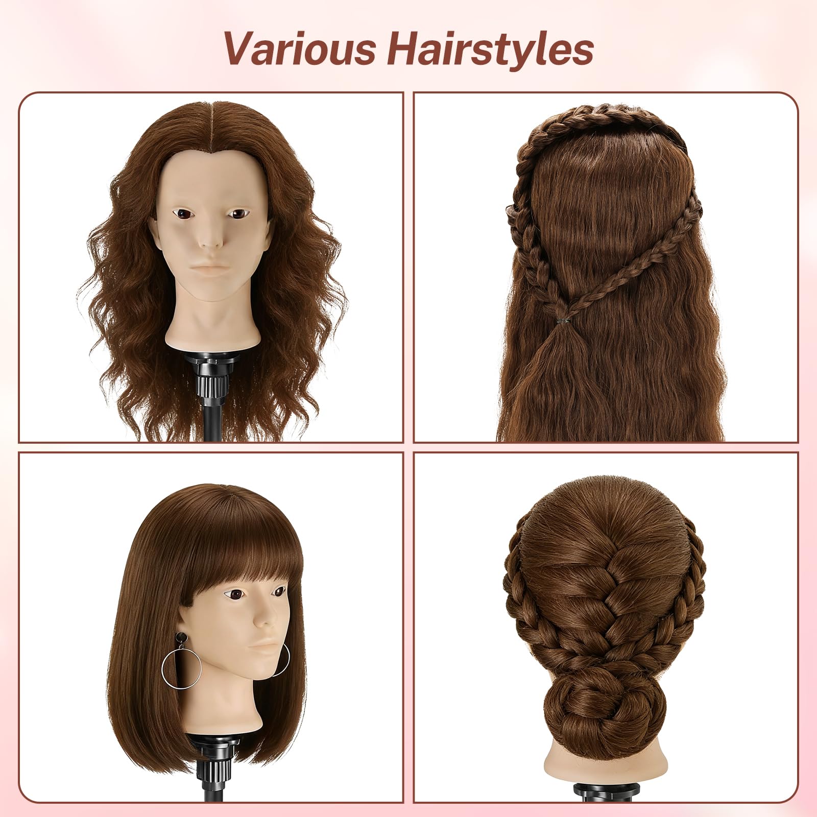 Übungskopf aus 80 % Echthaar, 58,4 cm, Frisierkopf mit Perückenständer, Stativ und Make-up-Funktion und DIY-Haarstyling-Flechtwerkzeugen