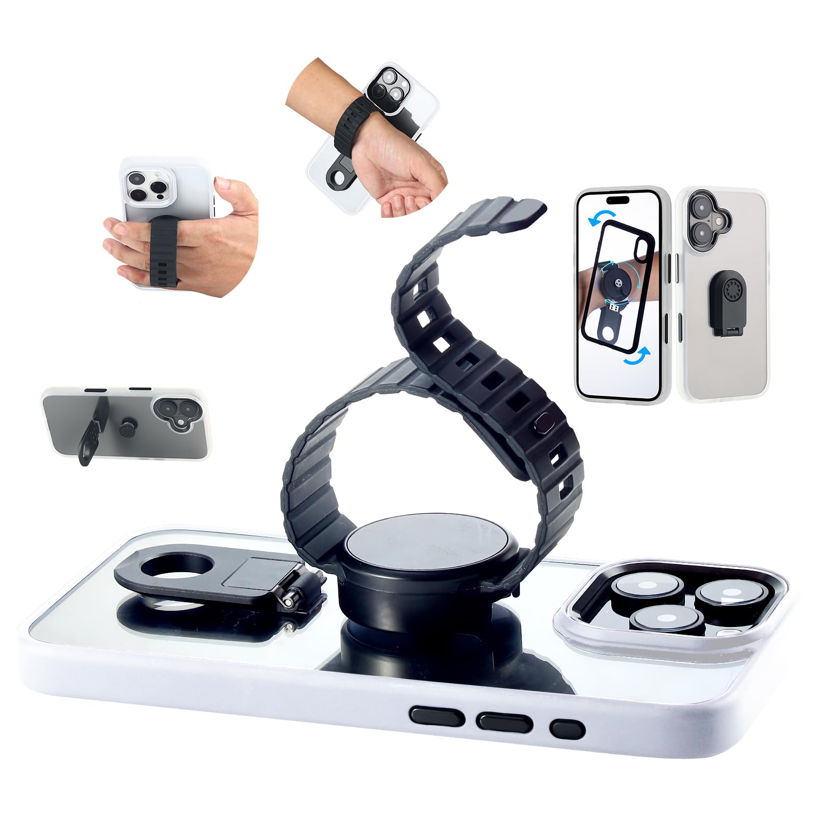 Cliphon Phone Case Combined with Detachable Phone Grip and Built-in Kick Stand, Adjustable and 360° rotable Magnetic Silicone Grip, Useful handfree Accessory for The Outdoors and Traveling - Black