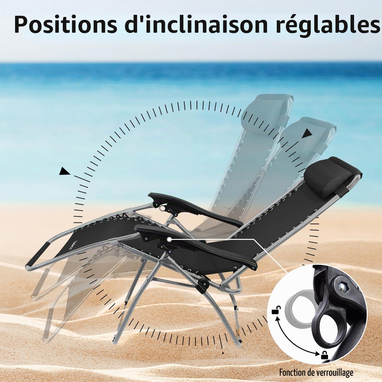 Chaise Longue Pliante 2 in 1 avec Coussin amovible, Transat de Plage, Noir | Porte-gobelet, d’accoudoirs Réglables, Respirantes Textilène, Bain de Soleil pour la Piscine de Jardin.