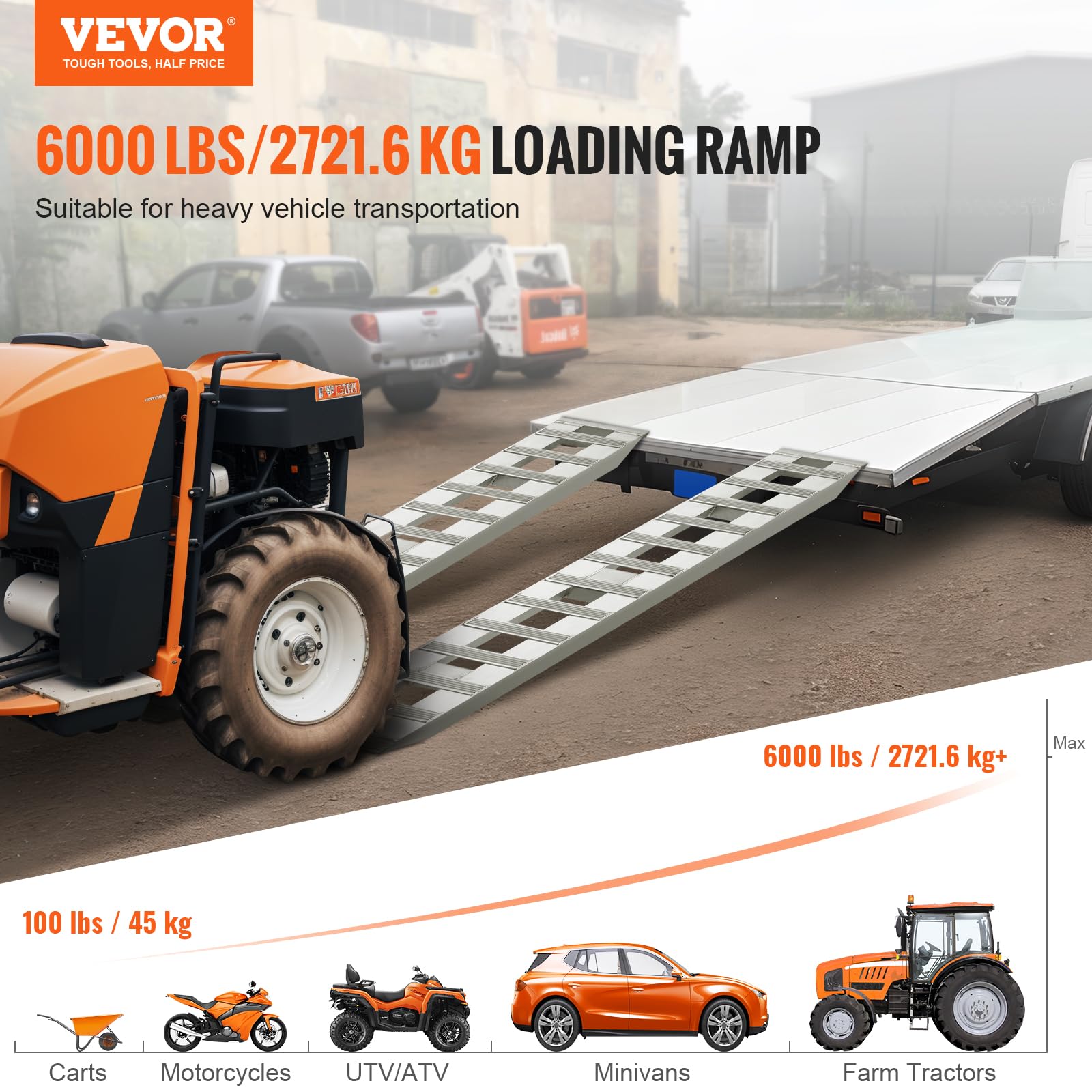 VEVOR Rampa de Carga de Aluminio 2 Piezas 183 x 38 cm Rampa de Acceso Capacidad de Carga de 2721,6 kg Ligera y Portátil para Motocicleta Todoterreno, Remolque, ATV, UTV, Tractor, Cortacésped