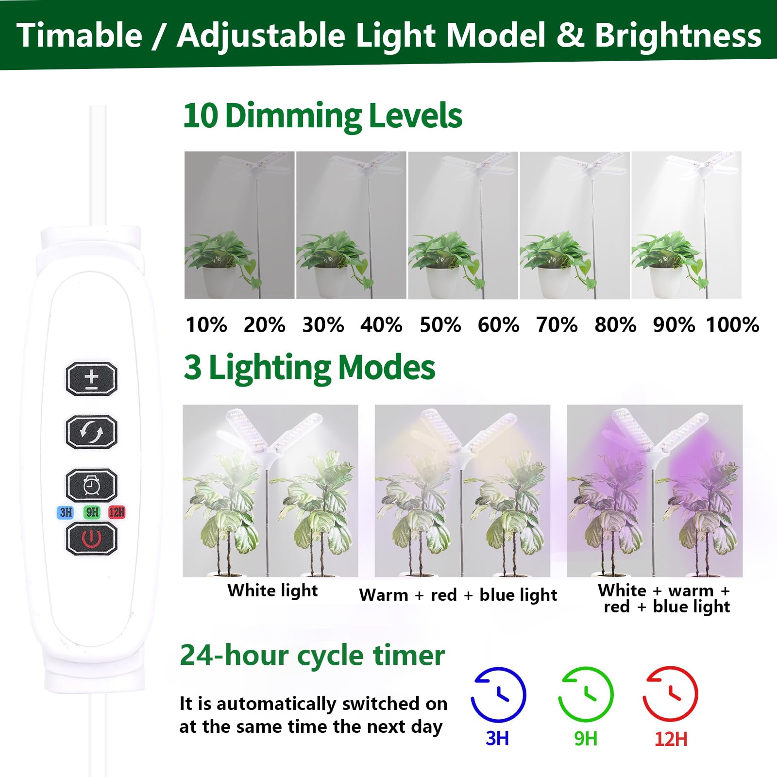 Lampa do roślin, stojąca, 240 diod LED, z timerem, 3 tryby oświetlenia, regulacja wysokości 40-170 cm