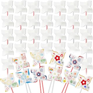 60pcs Summer Activities for Kids – DIY Paper Pinwheels Crafts, Blanks White Windmill Kits Bulk for 4th of July, Classroom Party, Back to School, Garden, Art Projects, Labor Day