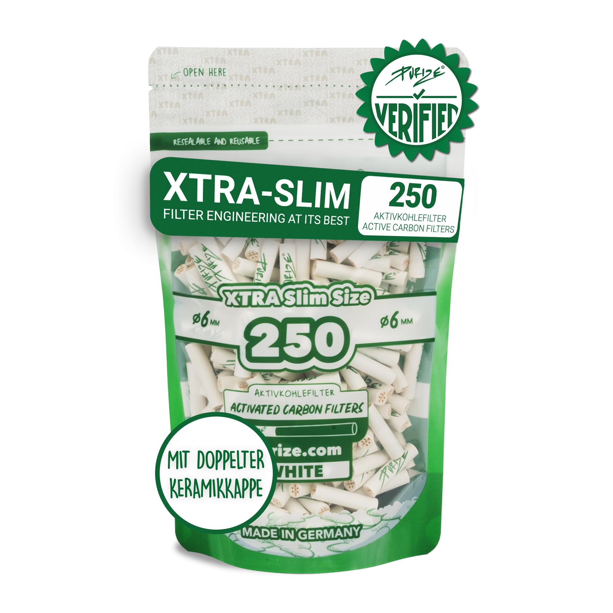 PURIZE® Beutel | 250 Xtra Slim Size Aktivkohlefilter Weiß