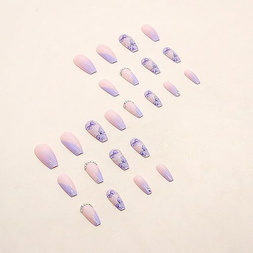 Miniatura 5 de 24 uñas postizas a presión de longitud media, uñas postizas de ataúd con diamantes de imitación, uñas acrílicas moradas con mariposa morada y