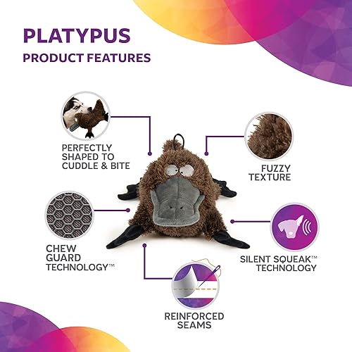 Miniatura 4 de TrustyPup Strong 'N Silent Platypus Silent Squeak - Juguete de peluche para perro, tecnología Chew Guard, marrón, grande