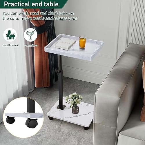 Miniatura 5 de Mesa auxiliar de mesa C de altura ajustable, bandeja de TV giratoria de 360° para espacios pequeños, mesas de sofá que se deslizan debajo, mesas