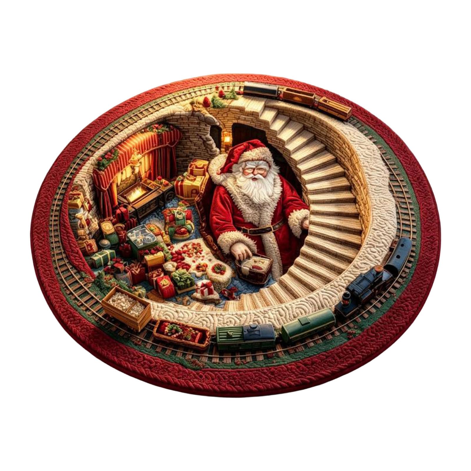 3D-Effect Christmas Rug, Optical Illusion Round Mat with Santa Vortex Design, Non-Slip Winter Floor Rug with Faceless Santa, Christmas Carpet for Home Living Room Christmas Decor, B โ image 1