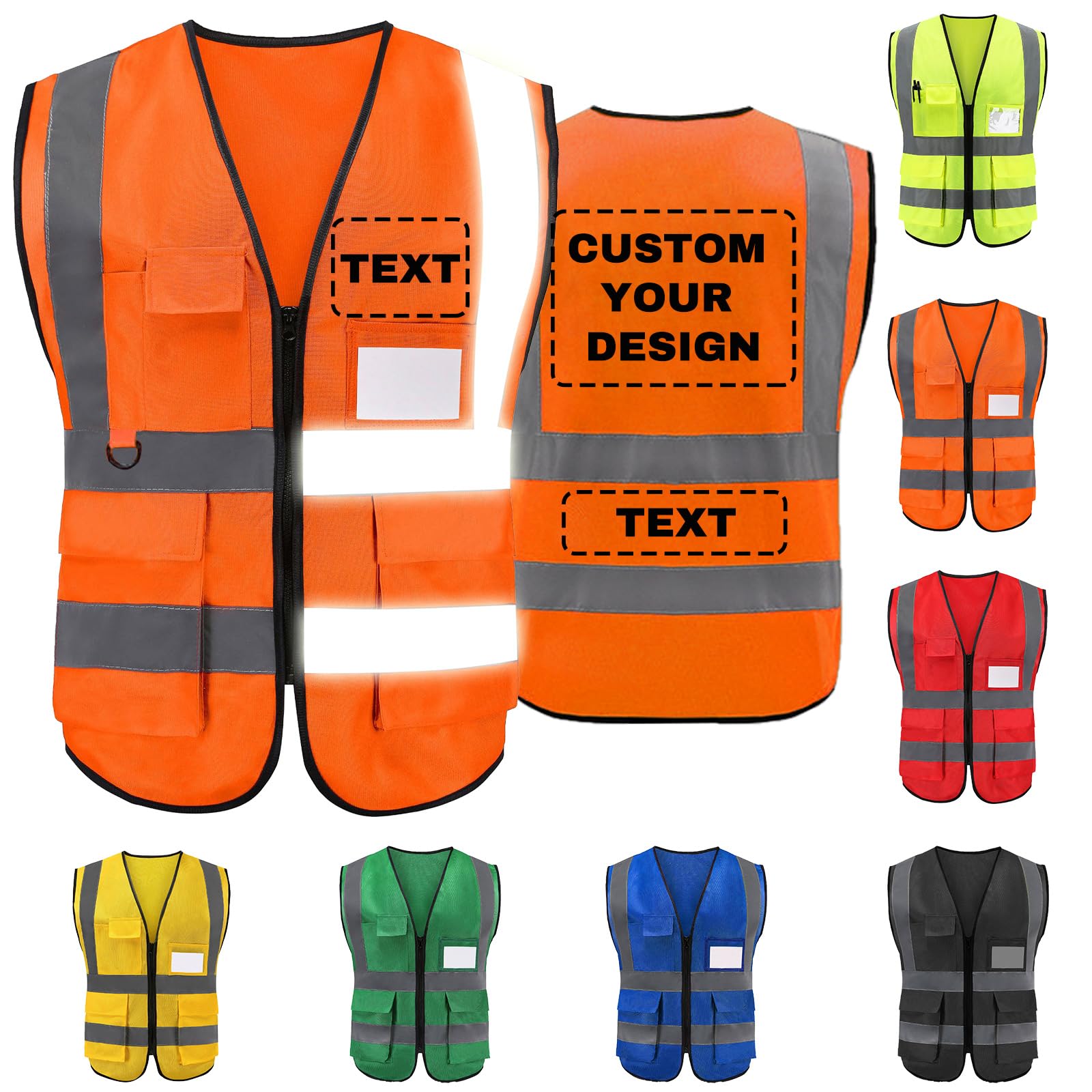 Custom Safety Vest with Logo Text | 5 Pockets,Class 2 High Visibility Reflective Vest for Men for Outdoor Security Workwer