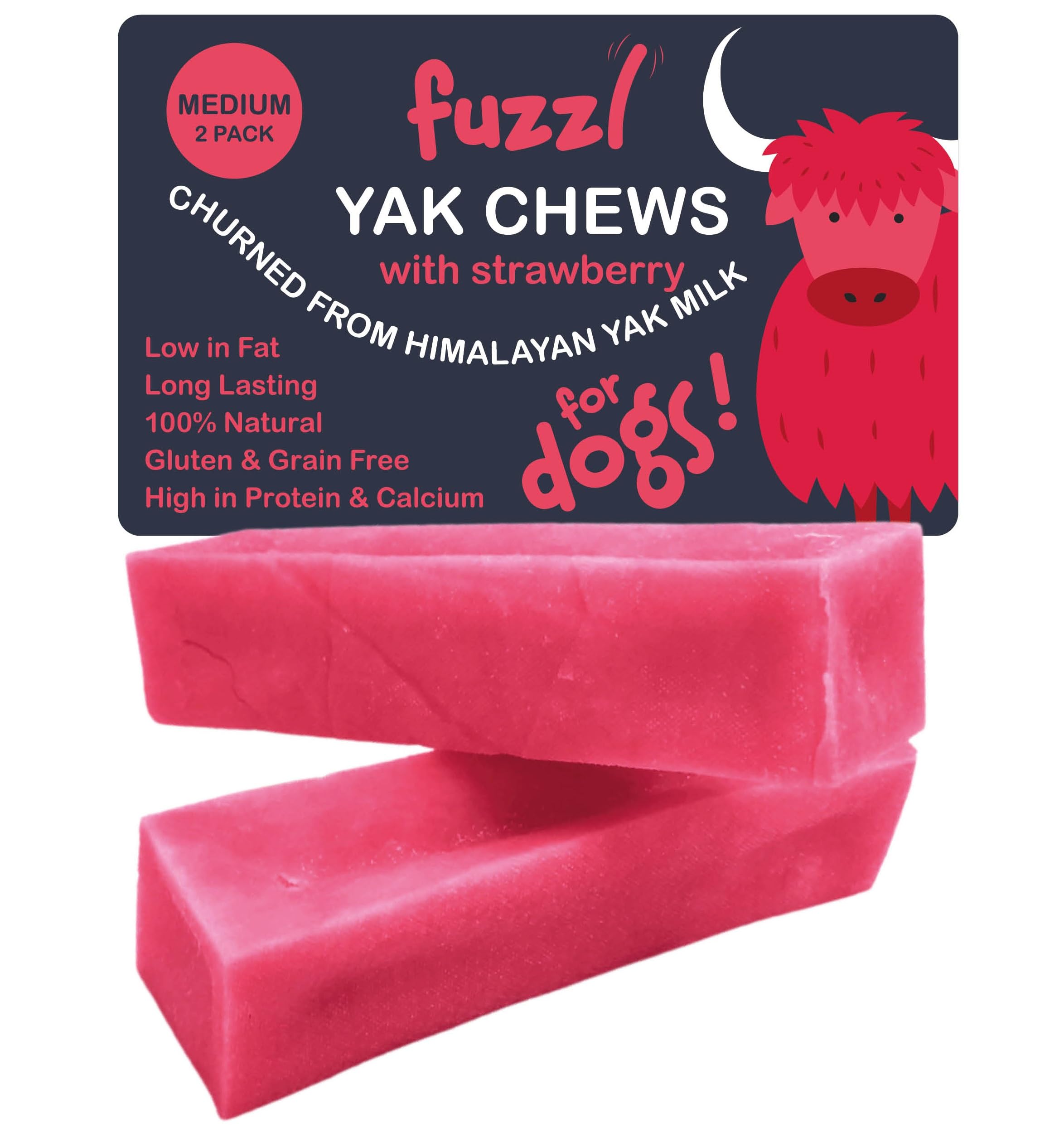 FuzzlYak Chews for Dogs - 2 Pack 140g Strawberry - Premium Natural Dog Treats with Himalayan Yak Milk - No Hide Dog Food Natural Long Lasting Dog Dental Sticks and Dental Chews