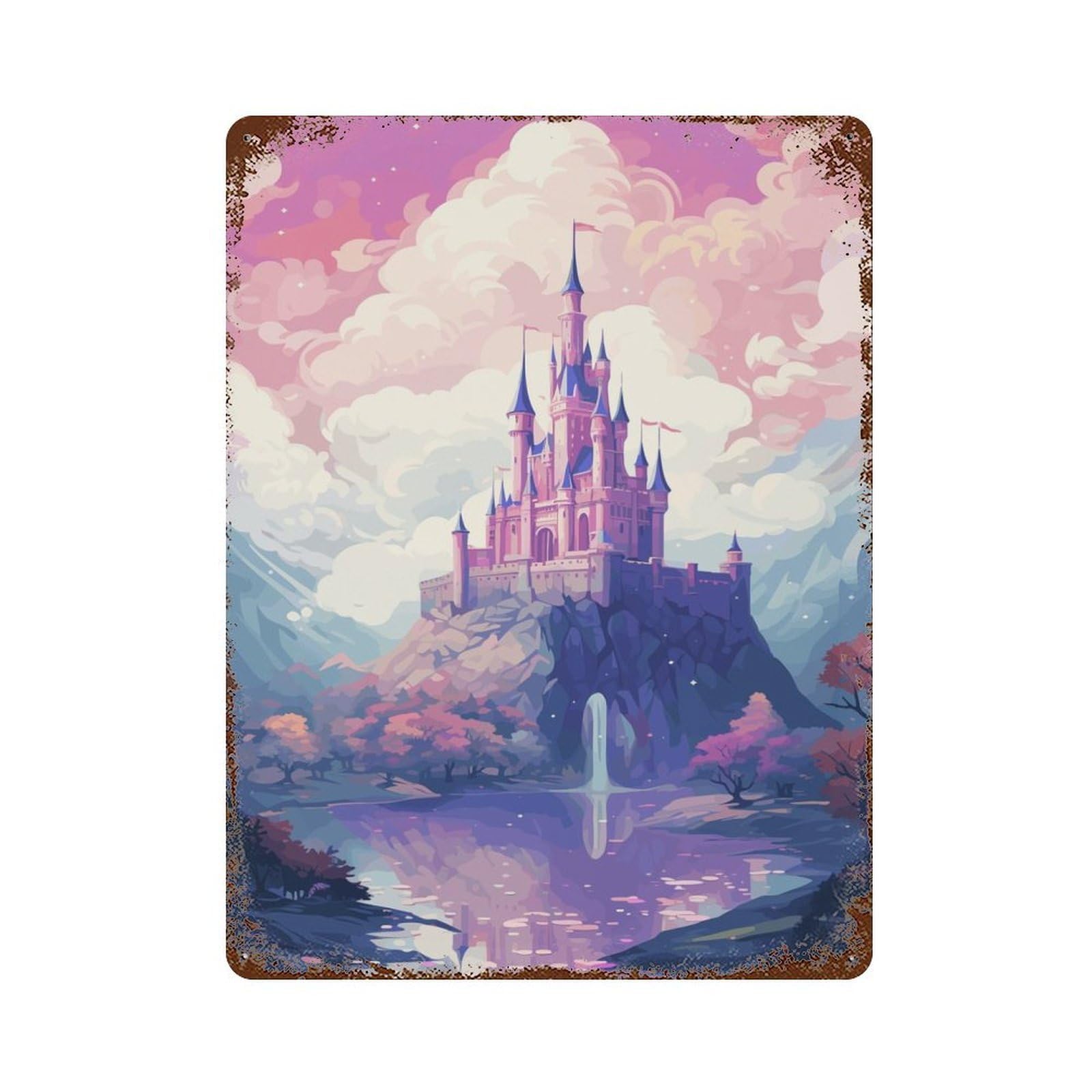 Rusty Metal Tin Sign with Magical Castle Pixel Art Design 15.7"x11.8", for Garage, Bar And Workshop Decor, Decorative Metal Wall Art
