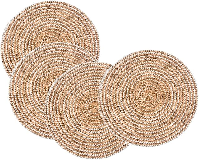 SCF2017 Round Woven Paper Straw Placemats 18cm Small Table Mats Coasters Set of 4,Khaki