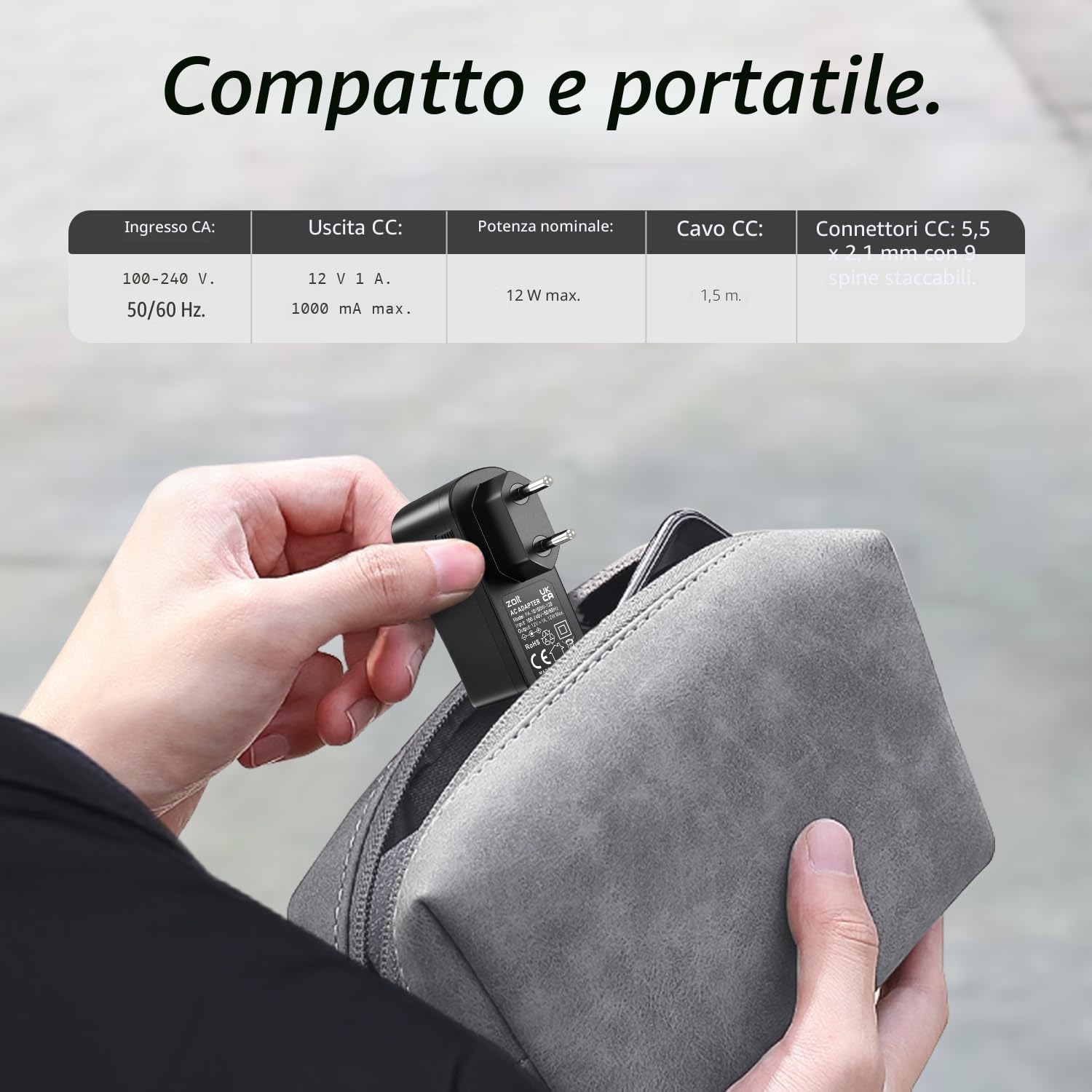 Zolt 12V 1A Alimentatore, Caricatore Trasformatore Adattatore di Alimentazione CA CC Universale con 9 Spine CC, 1000mA Max.