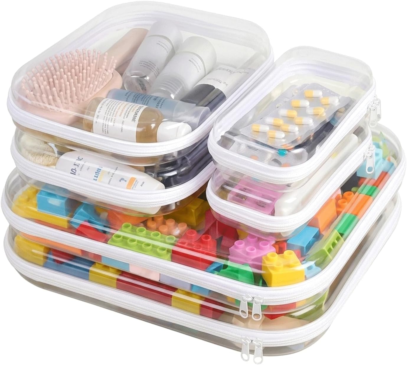 6 Pack Clear Hard Shell Zipper Case, See-Through Hard Plastic Organizer Pouches Zipper for Travel - Toiletries, Electronics, Pencils, Makeup, Secure Storage Design, 3 Sizes (2 Small/2 Medium/2 Large)