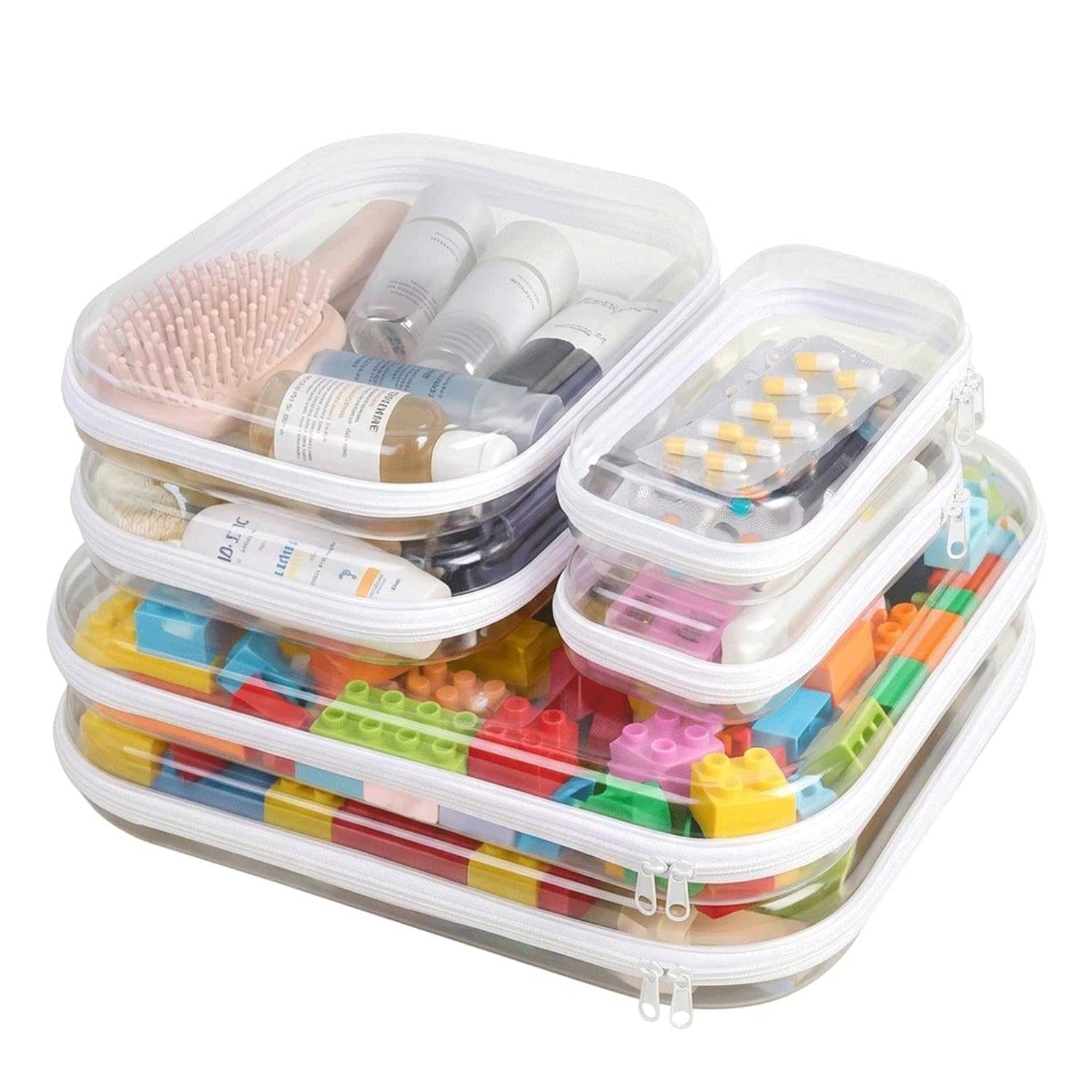 6 Pack Clear Hard Shell Zipper Case, See-Through Hard Plastic Organizer Pouches Zipper for Travel - Toiletries, Electronics, Pencils, Makeup, Secure