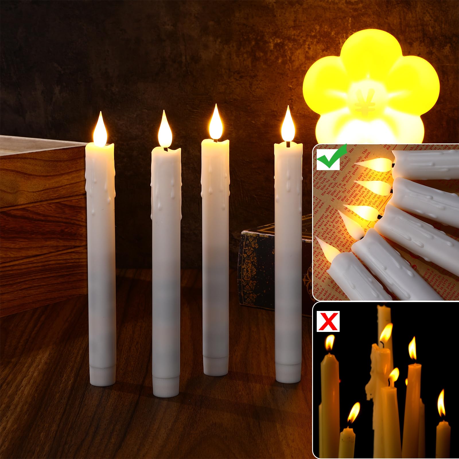 Baquler Lot de 24 bougies coniques sans flamme de 22,5 cm - Sans gouttes - Fonctionnement à piles - Bougies de fenêtre avec flamme vacillante 3D pour Pâques, maison, mariage, dîner, église