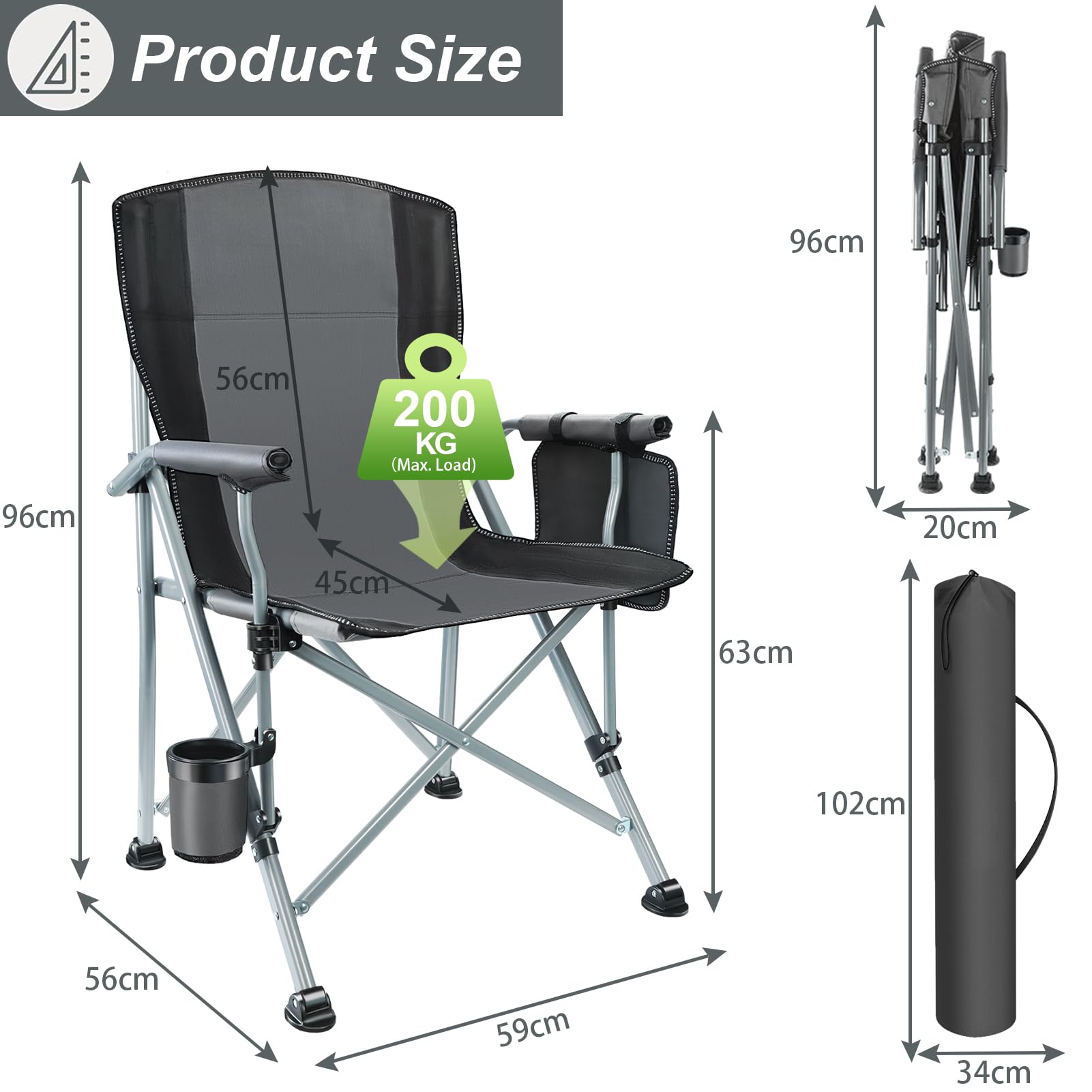 Silla de Camping Plegable hasta 200kg,Gris