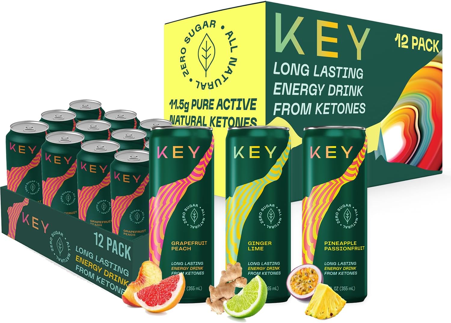 KEY 24-Pack Combo Bundle - Ketone Energy Drink - Variety Pack 12pk & Grapefruit Peach 12pk - Sugar Free, All Natural, Long Lasting Energy