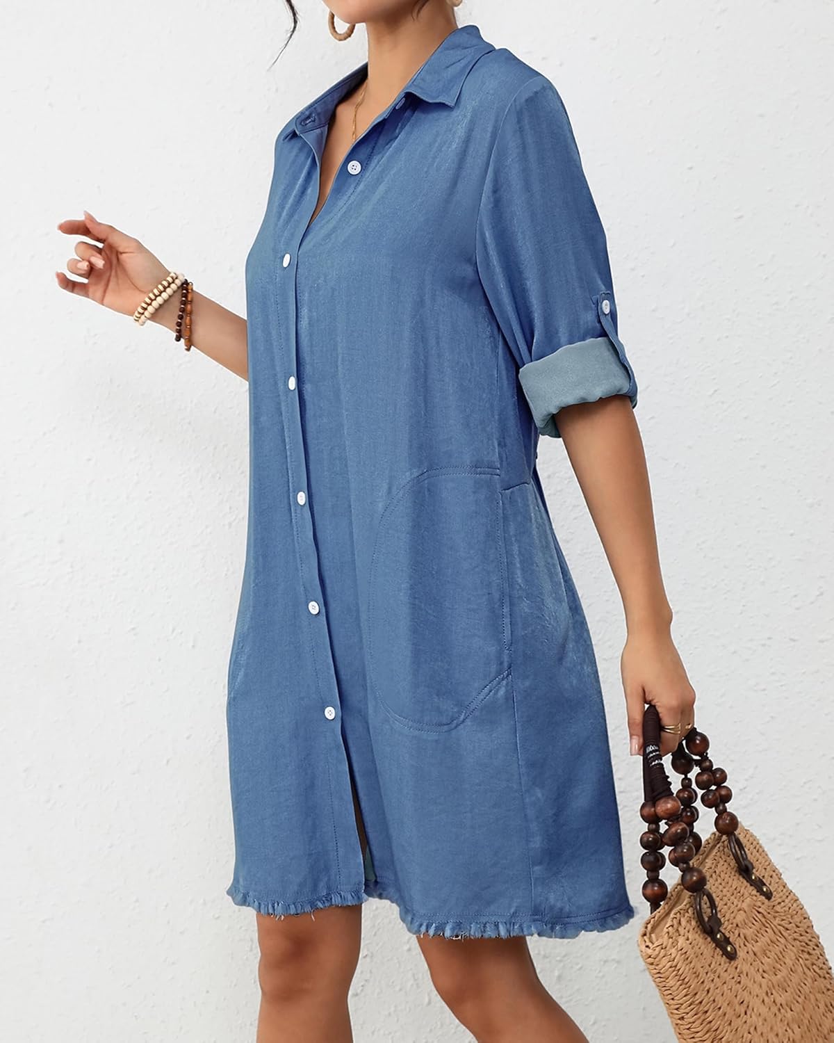 Bsubseach Women Denim Shirt Dress Long Sleeve Button Down Casual Shirt Dresses with Pockets - Image 4