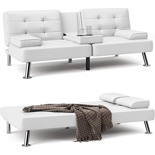 Shahoo Convertible Folding Futon Sofa Bed Sleeper Couch for Living Room Faux Leather Upholstered Loveseat w/Removable Armrests, Metal Legs, 2 Cup Holders, White