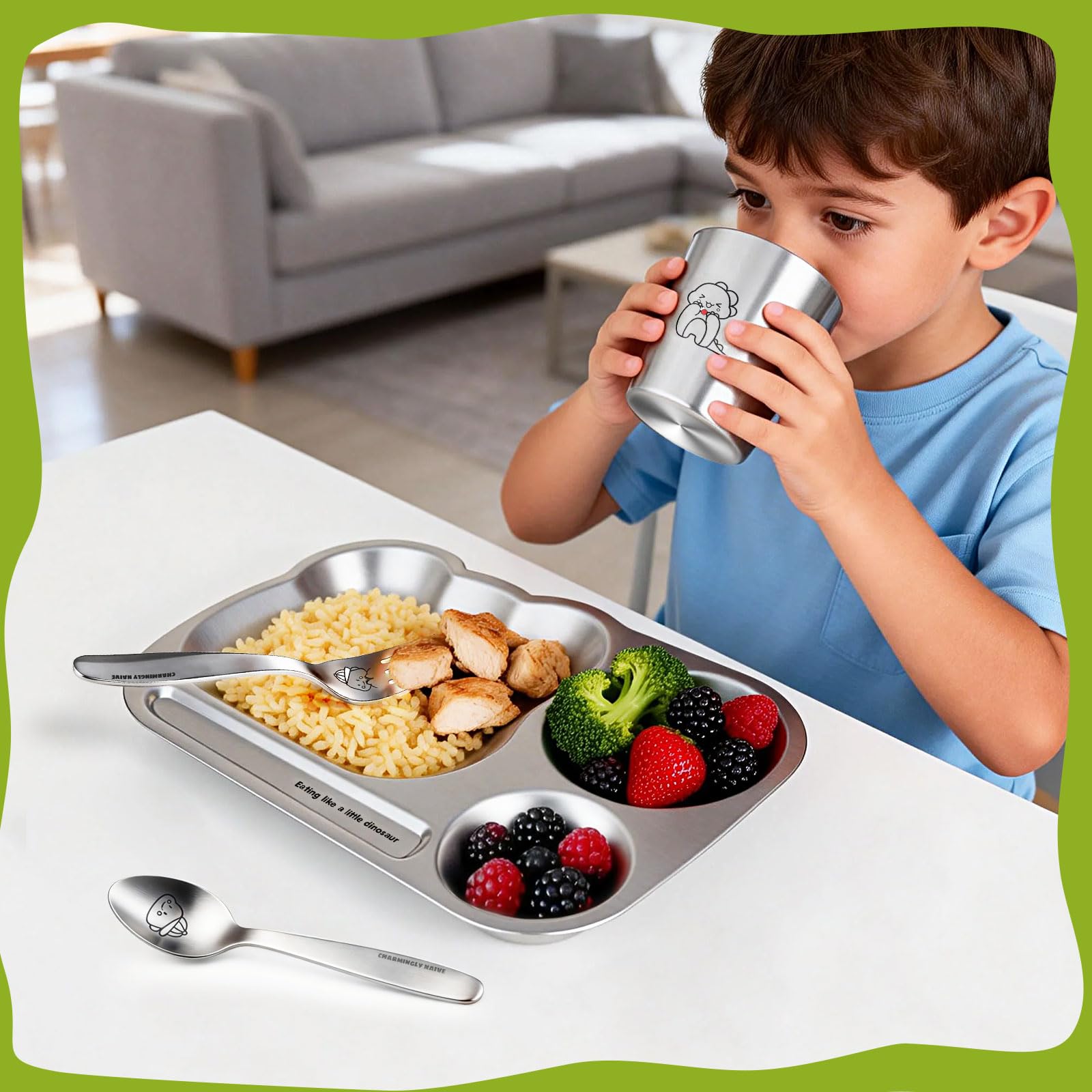 Greentainer Edelstahl Baby Geschirrset, Kindergeschirr-Set aus Edelstahl,5-teiliges Mehrweg Geschirr-Set,Becher, Schüssel, Teller, Löffel & Gabel für Kinder