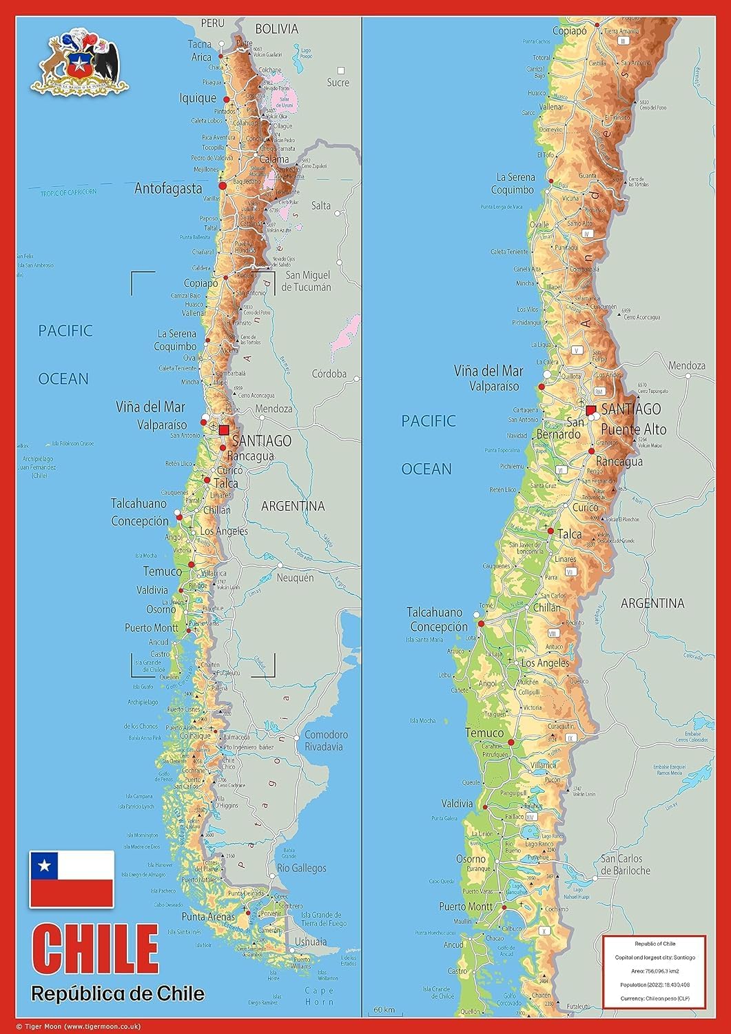 Chile Physical Map - 23.3 x 16.5 Inches - Paper Laminated