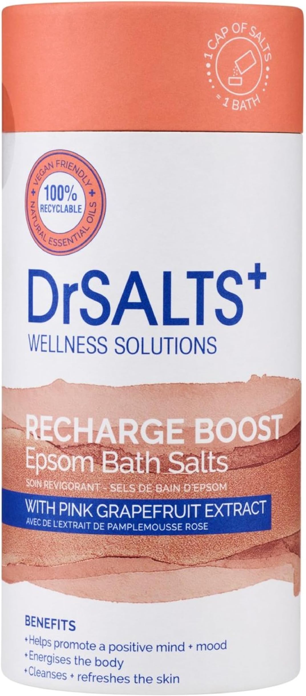 Dr Salts Recharge Epsom Salts: Pink Grapefruit Bath for Muscle Relief & Relaxation | Vegan Cruelty-Free Soak to Rejuvenate Body & Calm Mind, 750g