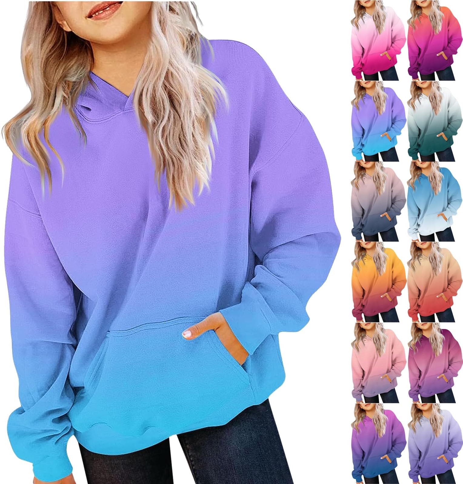 Girls Oversized Hoodie Shirts Dressy Casual Long Sleeve Gradient Color Hooded Pullover Tops Loose Kids Preppy Clothes