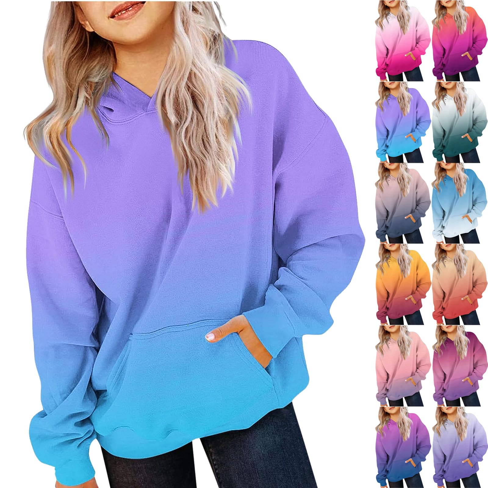 Girls Oversized Hoodie Shirts Dressy Casual Long Sleeve Gradient Color Hooded Pullover Tops Loose Kids Preppy Clothes