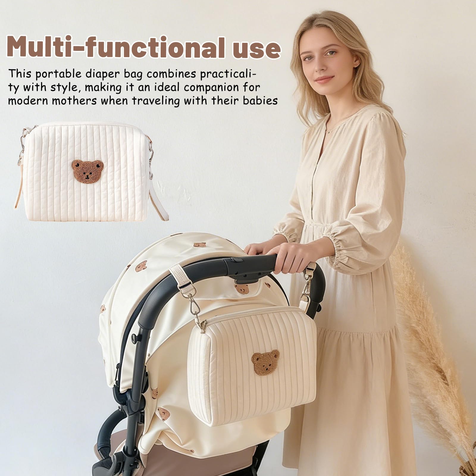 Sac à langer pour les déplacements, organisateur universel pour poussette, broderie ours, sac à langer en coton, mini sac à couches et sac pour poussette avec 2 sangles