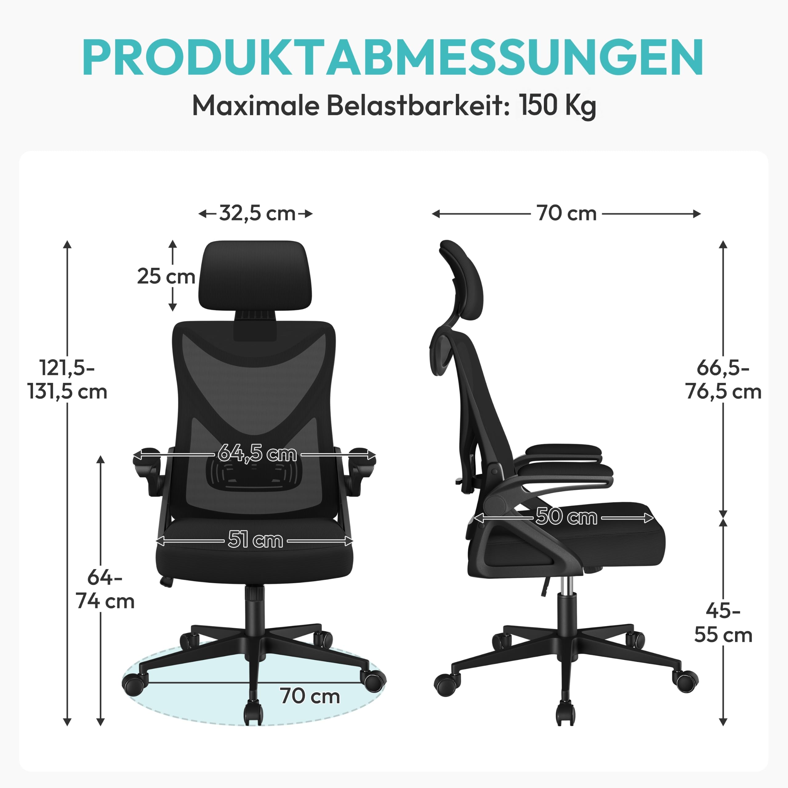 Yaheetech Bürostuhl Ergonomisch, Schreibtischstuhl mit Hochklappbaren Armlehnen, Drehstuhl mit Rückenlehne und Verstellbarer Kopfstütze, Chefsessel Wippfunktion, bis 150 kg Belastbar Schwarz