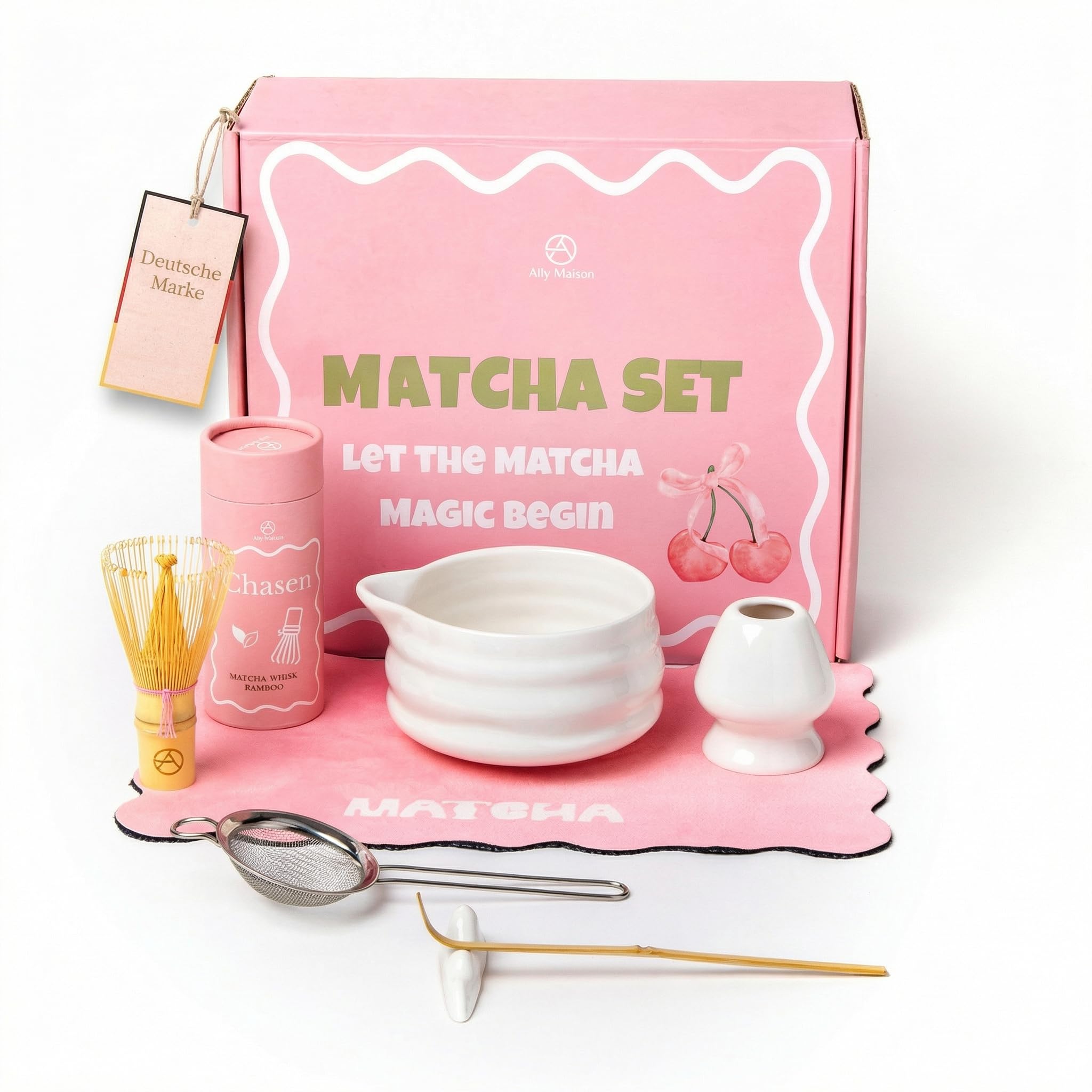 Ally Maison® Premium Matcha Set 7-teilig in weiß – Design Keramik Schale mit Ausgießer, Bambusbesen & Zubehör – Komplettes Matcha Ritual Set für höchste Ansprüche – Exklusives Geschenkset