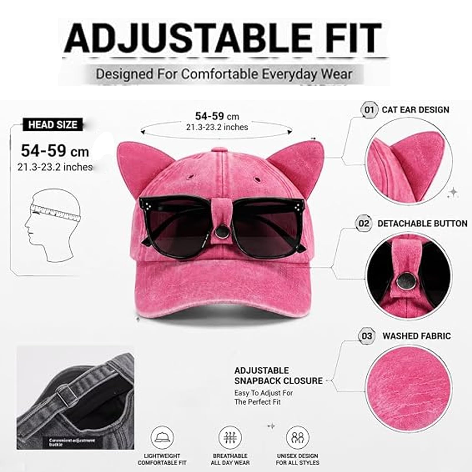 Cappello da Camionista Y2K con Orecchie di Gatto con Occhiali da Sole Staccabili, Berretto da Baseball Regolabile Vintage Lavato Stile Pilota
