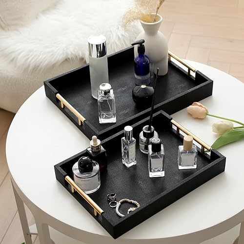 Miniatura 10 de Shagreen - Juego de 2 bandejas para servir con asas de metal pulido dorado, bandeja decorativa de madera de marfil de piel sintética con oro